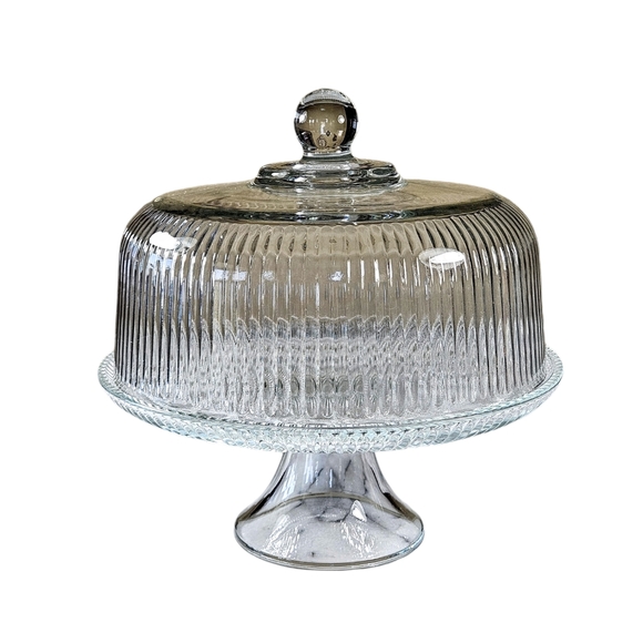 Anchor Hocking Monaco Ribbed Glass Cake Dome And Windsor Button Cane Plate - Picture 1 of 7